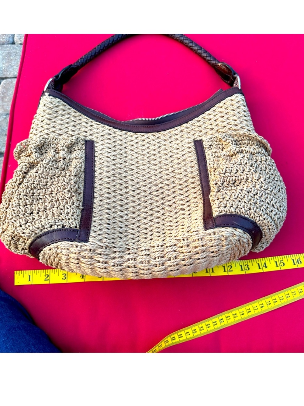 Brighton Woven Straw Handbag Shoulder purse brown leather trim size large - Picture 9 of 13